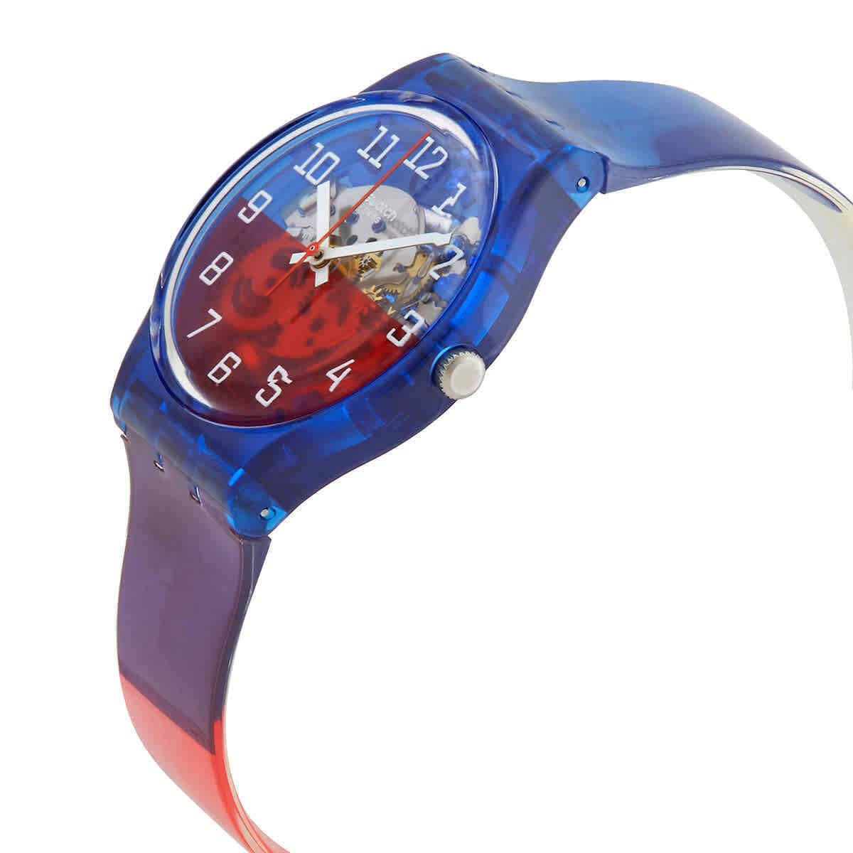 Swatch Originals Verre-toi Silicone Multicolor Striped Watch 34mm GN275 - Dial: Skeleton, Band: Striped multicolor, Bezel: Blue transparent
