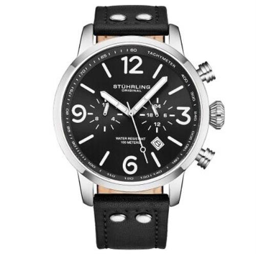 Stuhrling 3956 1 Aviator Chronograph Date Black Leather Strap Mens Watch - Band: Black