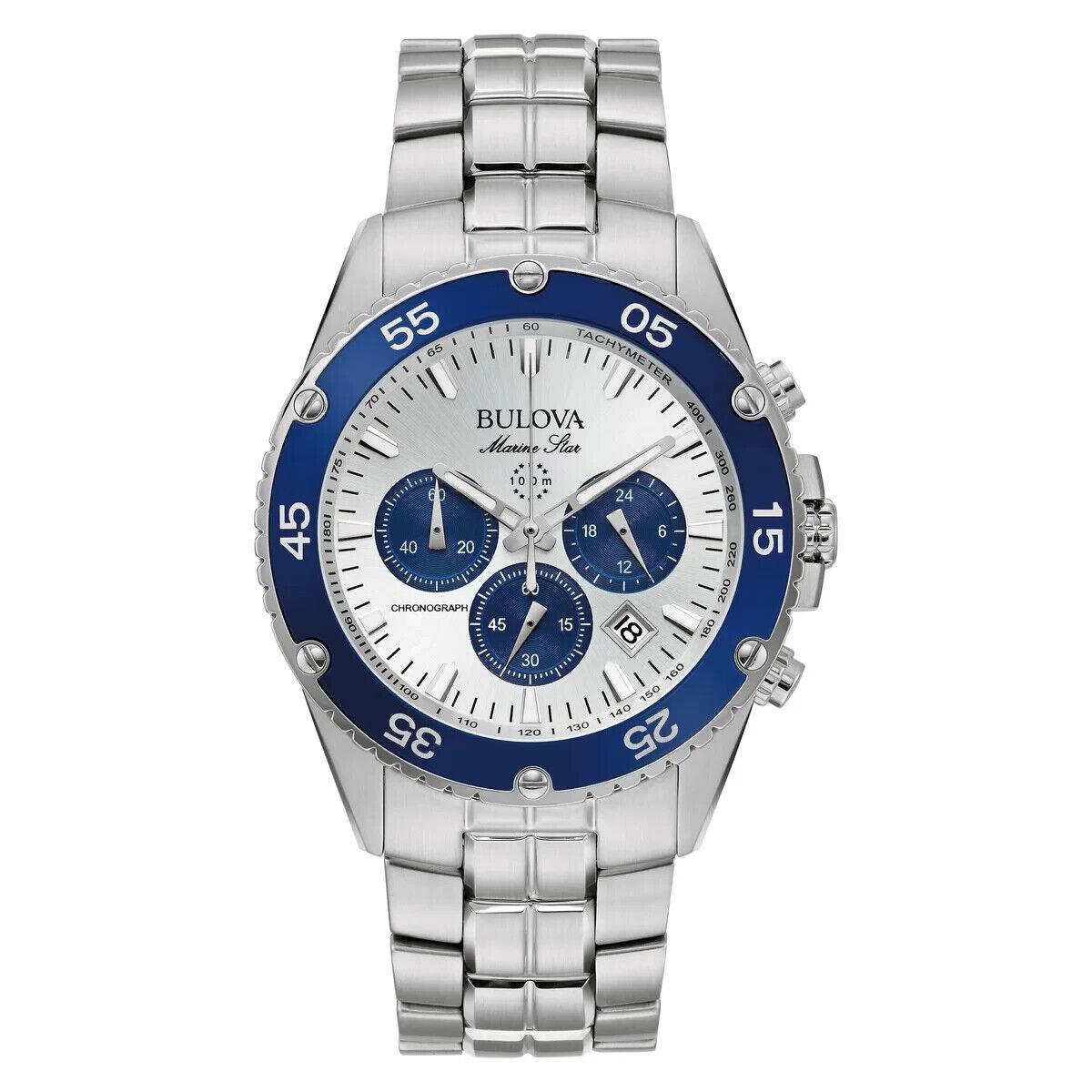 Bulova - Marine Star Collection Men`s Quartz Watch - 98B423 - Dial: White, Band: Silver, Bezel: Blue