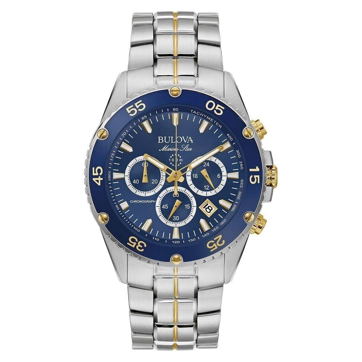 Bulova Marine Star 98B400 Chrono Stainless Steel Silver Blue Dial Men Watch - Dial: Blue, Band: Silver, Gold, Bezel: Blue