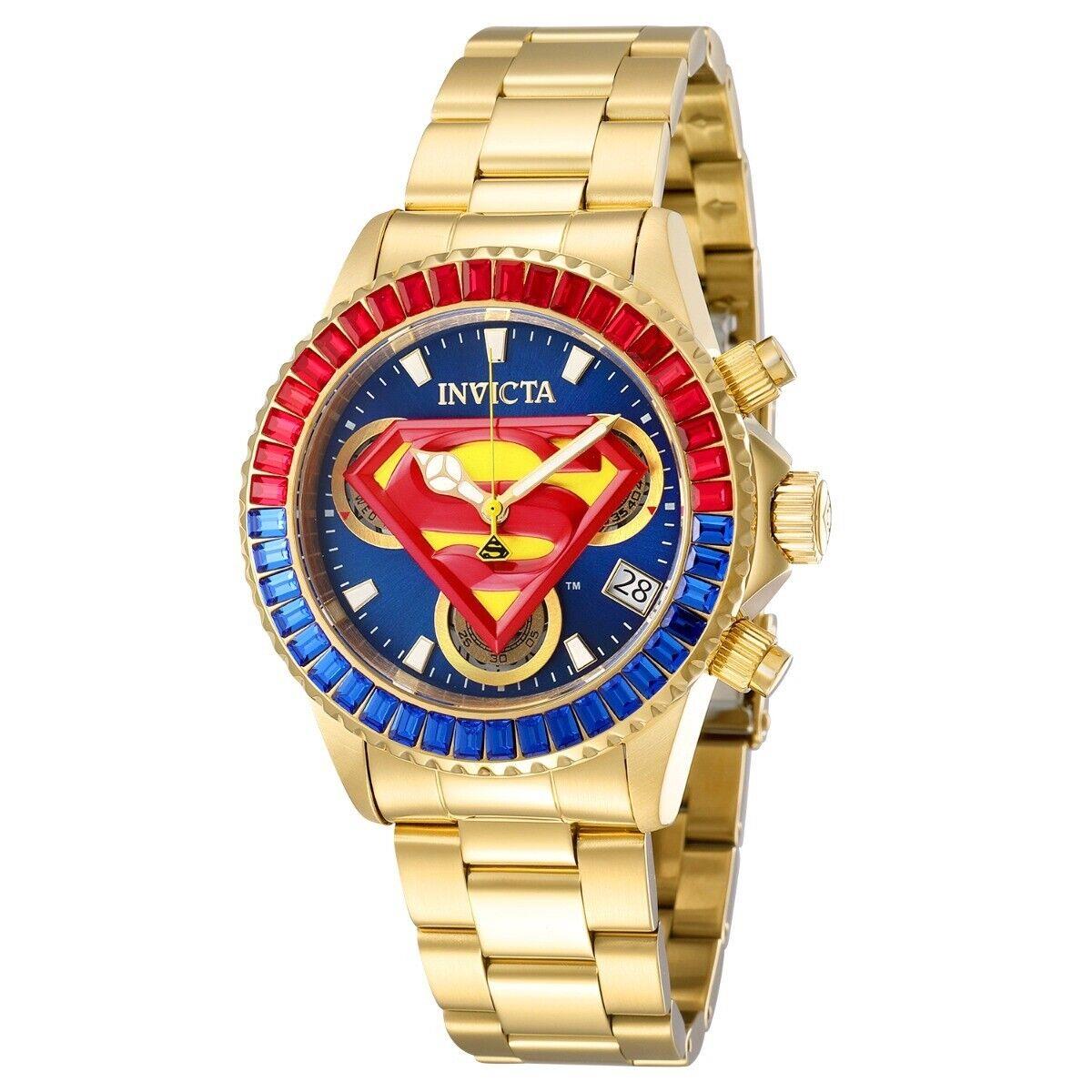 Invicta 41268 DC Comics Superman Red Blue Yellow Dial Gold Tone Womens Watch - Dial: Blue, Band: Gold, Bezel: Gold