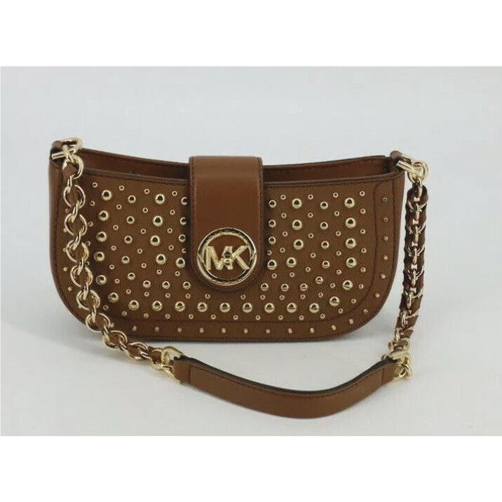Michael Kors Carmen XS Pouchette Leather Shoulder Bag Purse Luggage Brown Tan