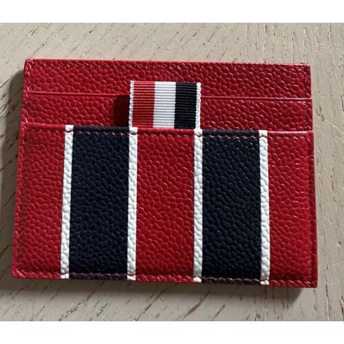 Thom Browne Men`s Stripe Pebble Leather Single Card Holder Red Italy
