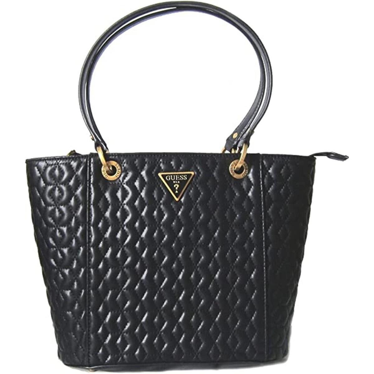 Guess Noelle Small Quilted Elite Tote Bag Black - Handle/Strap: Black, Hardware: Gold, Lining: Beige GUESS logo