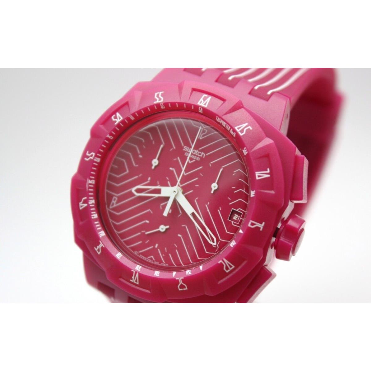 Swatch Chronograph Pink Run Rubber Band Date Watch SUIP401 45mm