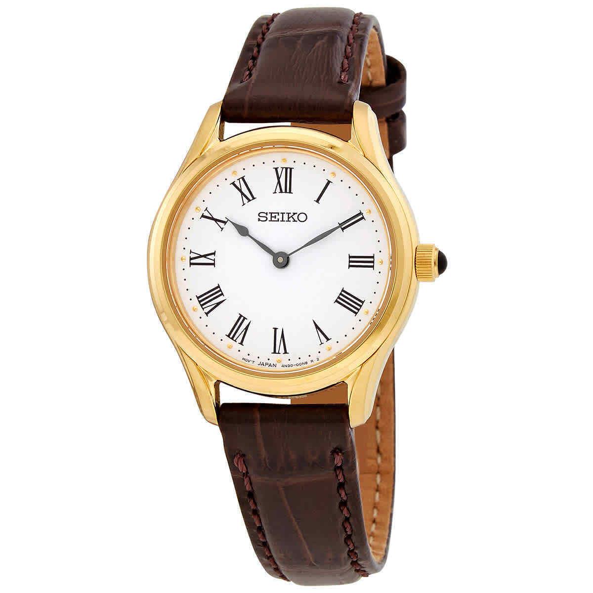 Seiko Quartz White Dial Brown Leather Ladies Watch SWR072P1