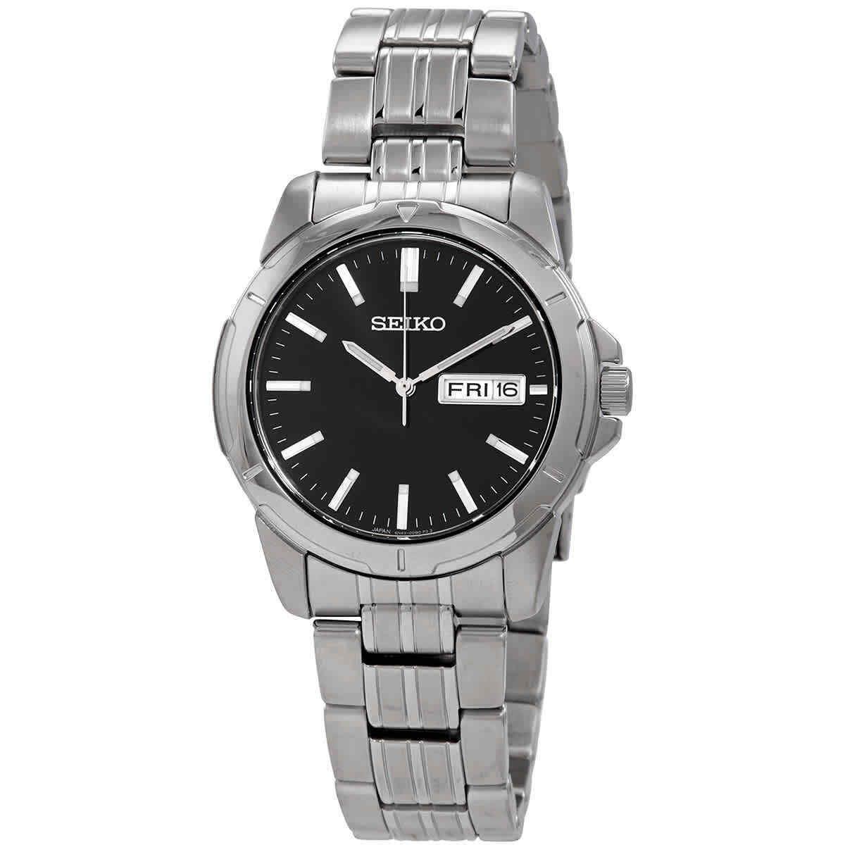 Seiko Essentials Quartz Black Dial Men`s Watch SUR355 - Dial: Black, Band: Silver, Bezel: Silver