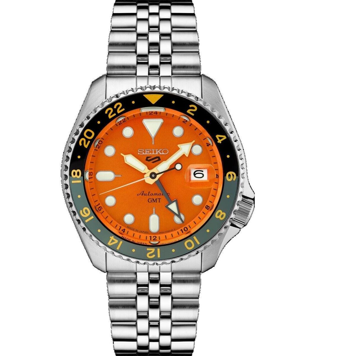 Seiko 5 Gmt Orange Dial Jubilee Bracelet Automatic Men`s Watch SSK005