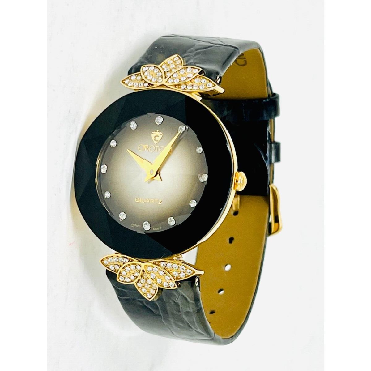 Croton Ballroom Quartz Crystal Accented Brown Leather Strap Women`s Watch