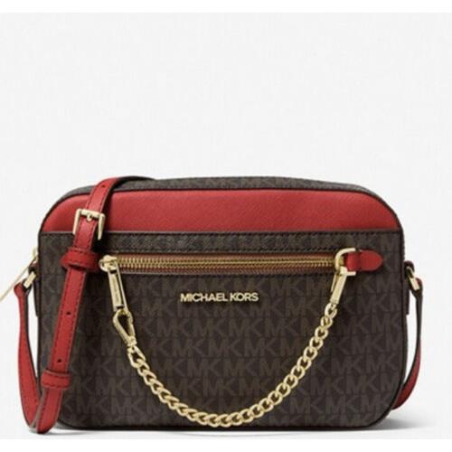 Michael Kors Jet Set Large Brown Gold Red Pvc Zip Chain Crossbody