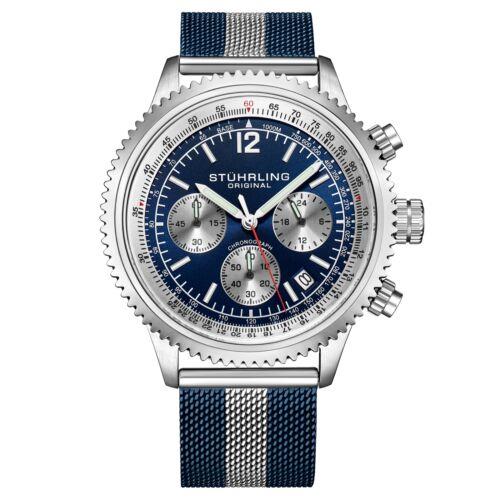 Stuhrling 4015 4 Quartz Chronograph Date Blue Colored Mesh Bracelet Mens Watch