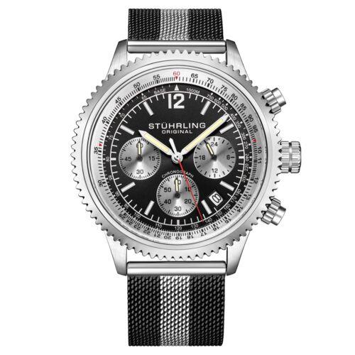 Stuhrling 4015 4 Quartz Chronograph Date Black Colored Mesh Bracelet Mens Watch