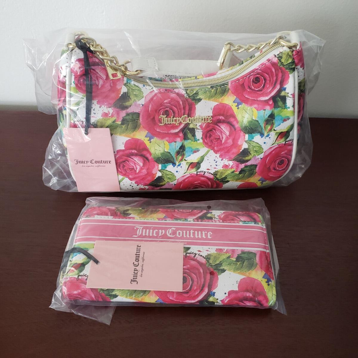 Juicy Couture White Multi Rose Shoulder Bag Purse Zip Around