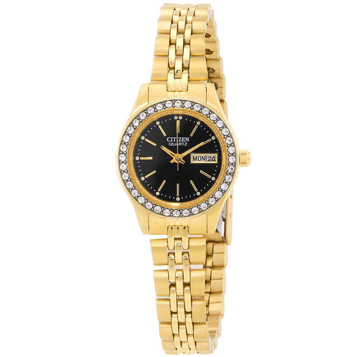 Citizen Quartz Crystal Black Dial Ladies Watch EQ0532-55E - Dial: Black, Band: Gold IP, Bezel: Gold IP