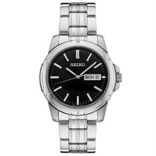 Seiko Essentials Men`s Silver-tone Stainless Steel Watch - Dial: Black, Band: Silver, Bezel: Silver