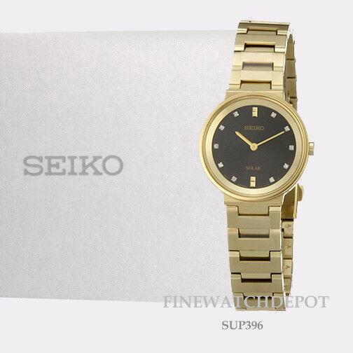 Seiko Solar Womens Diamonds Black Dial Gold Tone Bracelet Watch SUP396