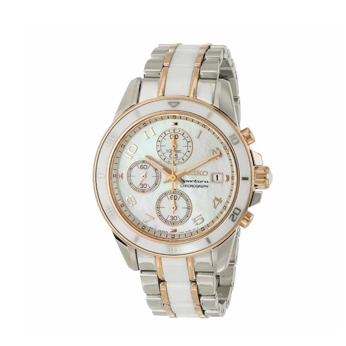 Seiko SNDX54 Two Tone Rose Gold Pearl Dial Women`s Ceramic Chronograph Watch