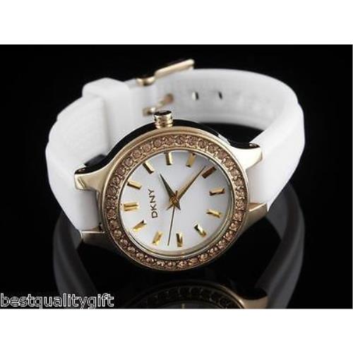 New Dkny White Silicone Gold Tone with Crystals Small Women`s Watch NY8219