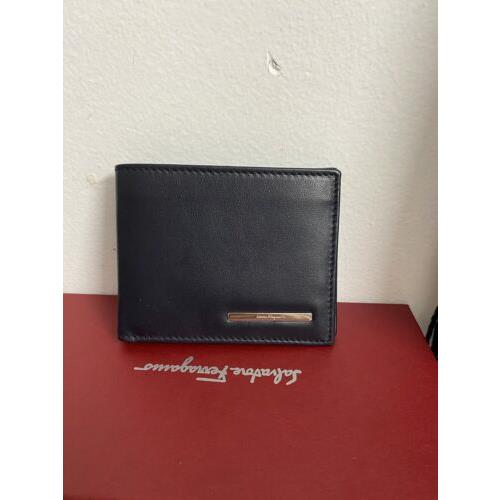 Salvatore Ferragamo Blue Navy Leather Wallet ID Emblem ID Logo Gancini