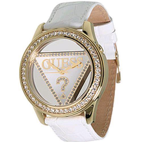 Guess White+gold Leather+crystals w/ Logo Gold Cutout Dial Watch -U10045L1