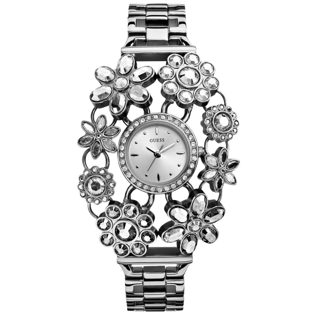 New-guess Silver Tone Crystal Gem Bracelet Blossom Flower Mini Watch W0138L1