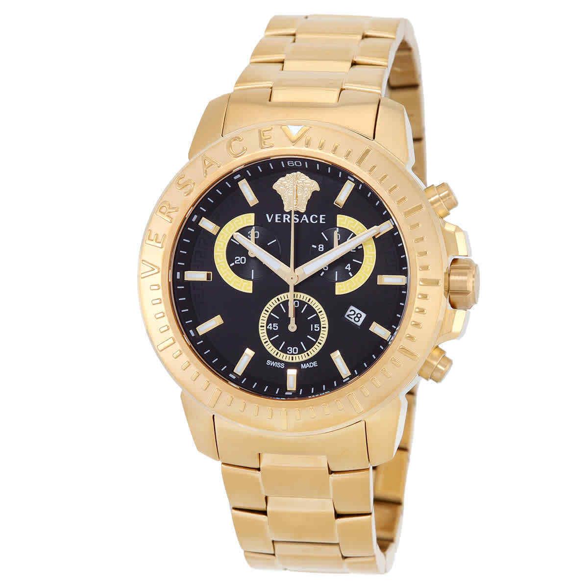 Versace Chrono Quartz Black Dial Men`s Watch VE2E00921 - Dial: Black, Band: Gold, Bezel: Gold