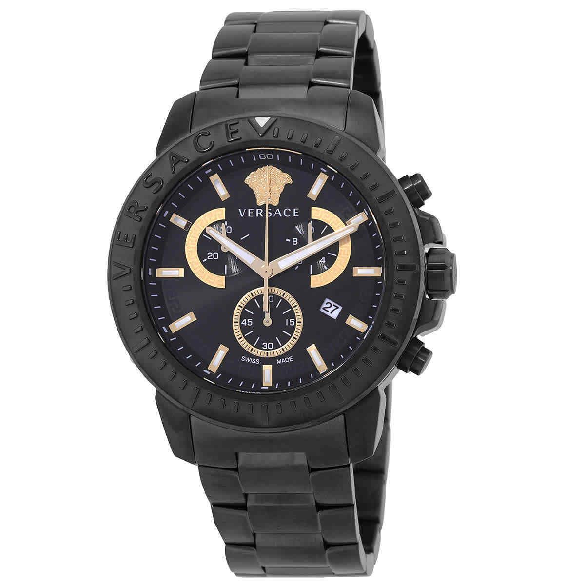 Versace Chrono Quartz Black Dial Men`s Watch VE2E00621 - Dial: Black, Band: Black IP, Bezel: Black IP