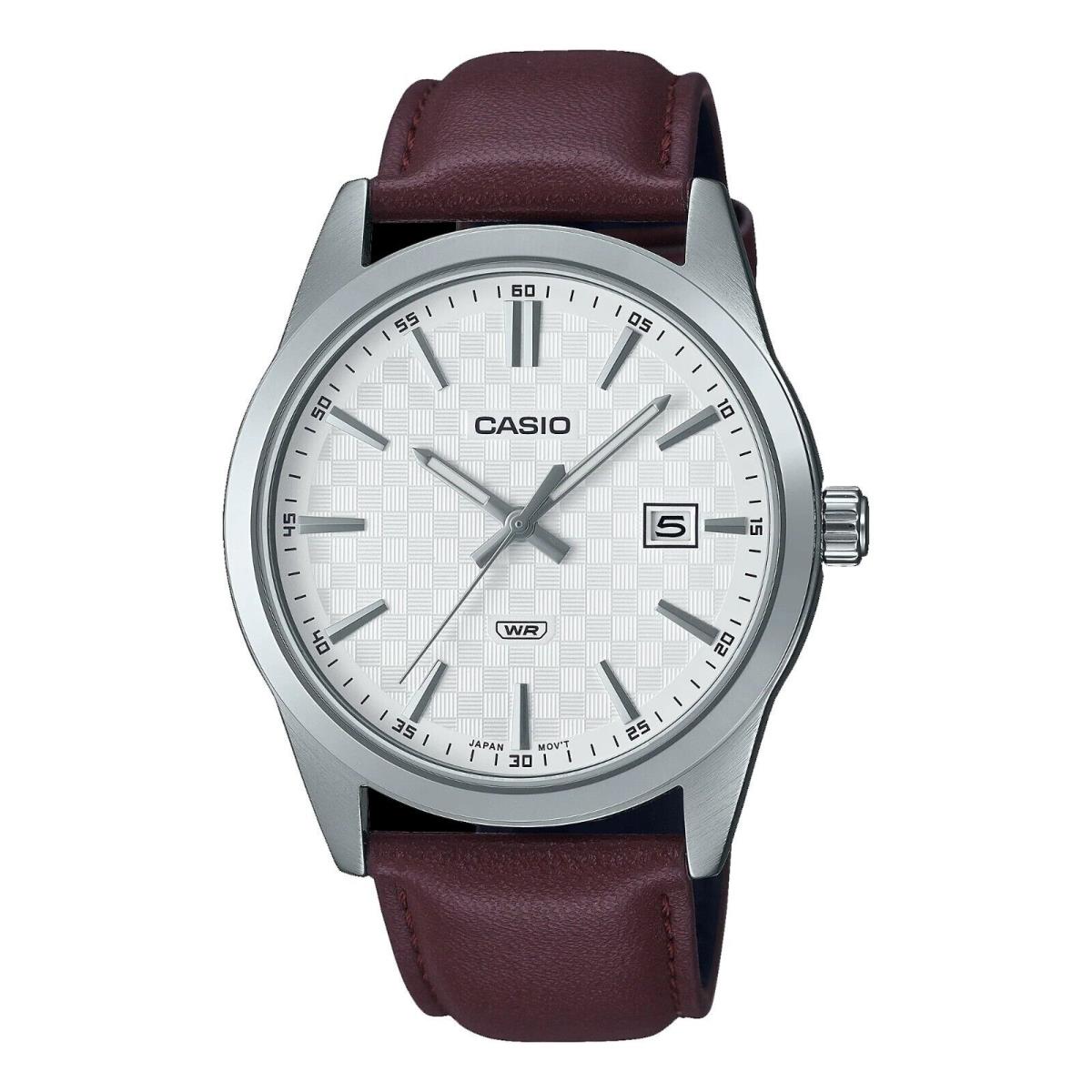 Casio MTP-VD03L-5A Men`s Standard Leather Band White Dial 3-Hand Analog Watch - Dial: White, Band: Brown, Bezel: Silver