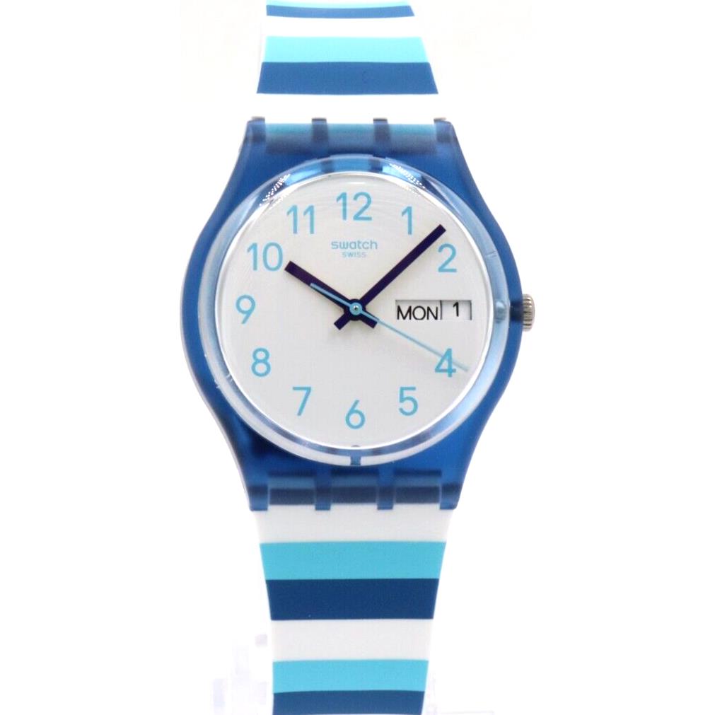 Swiss Swatch Striped Waves White-blue Silicone Day-date Watch 34mm GN728