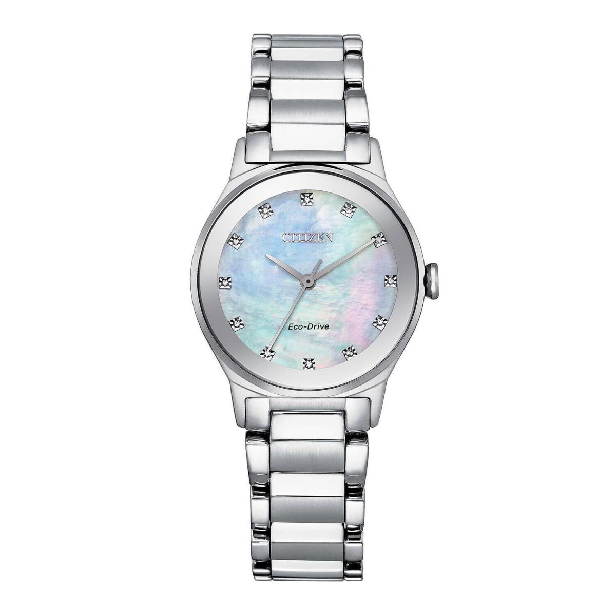 Citizen Women Eco-drive Watch with Axiom Stainless Steel Band White Pearl Dial - Dial: Blue, Band: Silver, Bezel: Silver