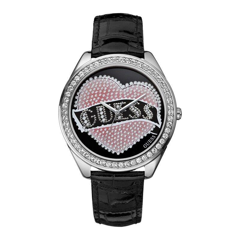 Guess Black Leather Pink Heart Crystals Glitz Dial WATCH-W70018L2