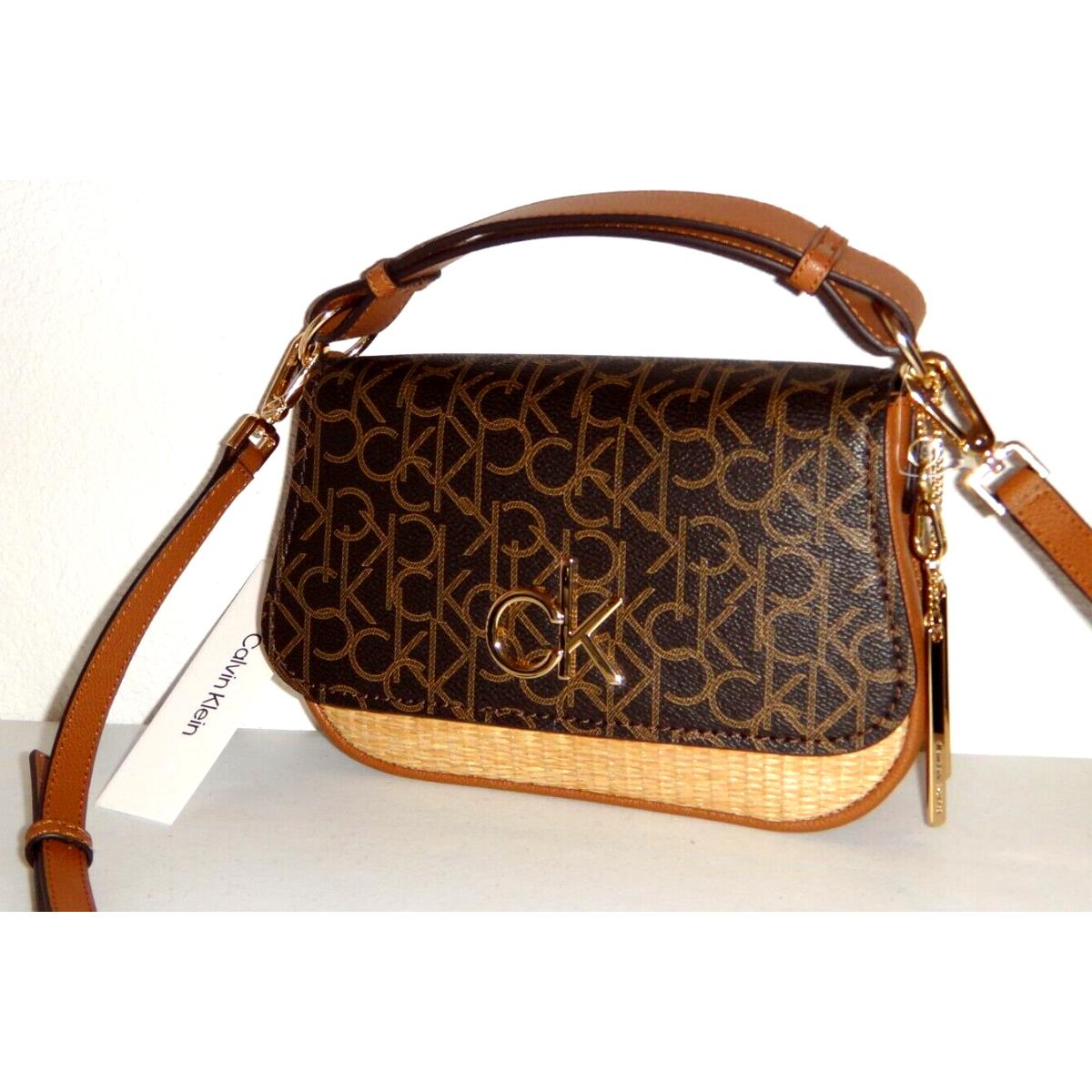 Calvin Klein CK Signature Shoulder Bag Crossbody Brown Natural Straw ...