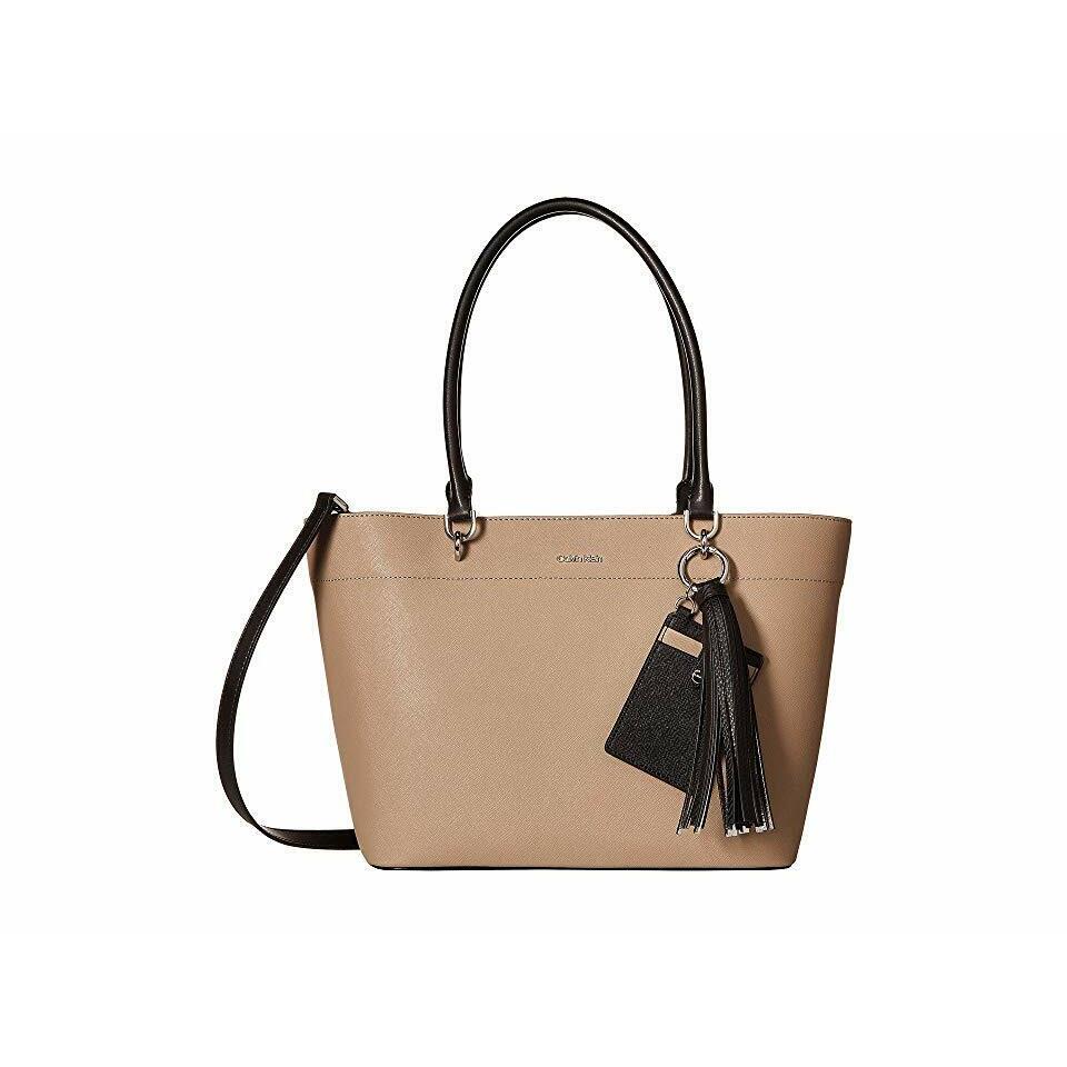 Calvin Klein Susan Saffiano Leather Tote Handbag Gray Silver - Handle/Strap: Black, Hardware: Silver, Exterior: Gray