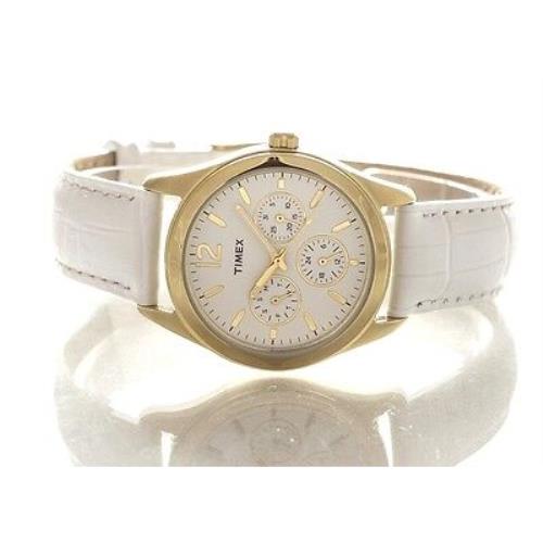 New-timex Ameritus Gold Tone Multi Function White Leather Band Watch T2p071