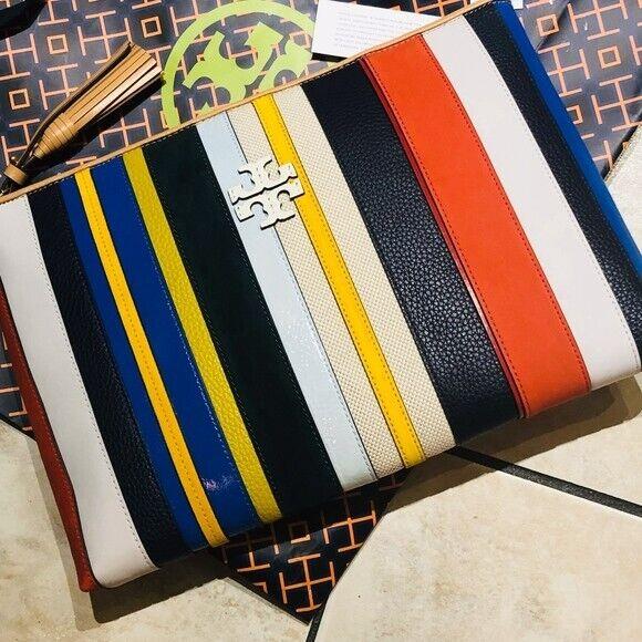 Tory Burch Balloon Stripe Oversize Clutch Pouch Rainbow Multi