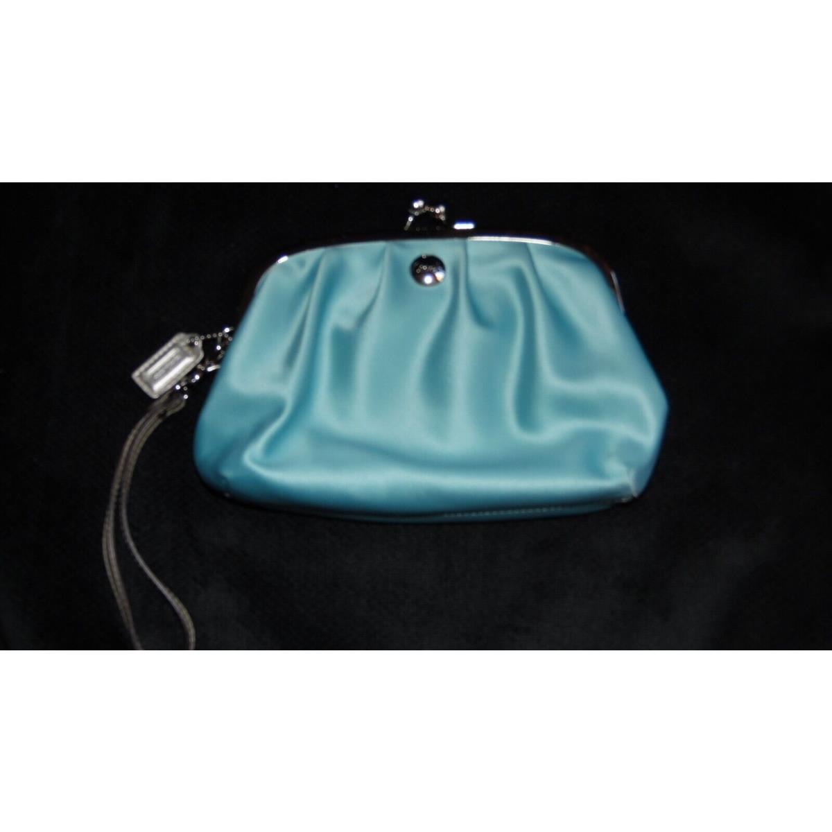 Coach F43364 Teal Blue Satin W/gray Leathe Kiss-lock Evening Bag Clutch Wristlet