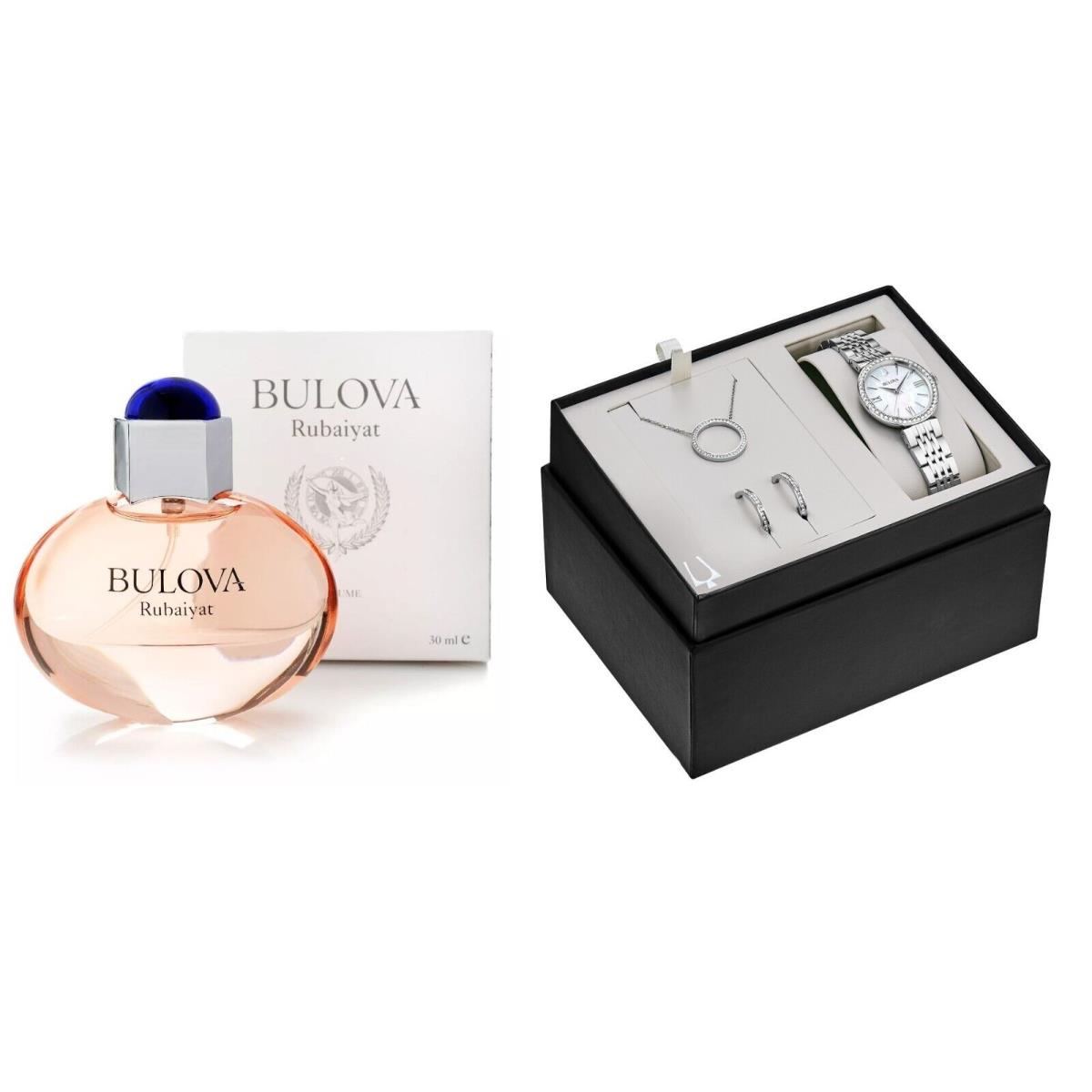 Bulova Women`s Crystals Earrings Necklace Perfume Watch Set Silver 30mm 96X149