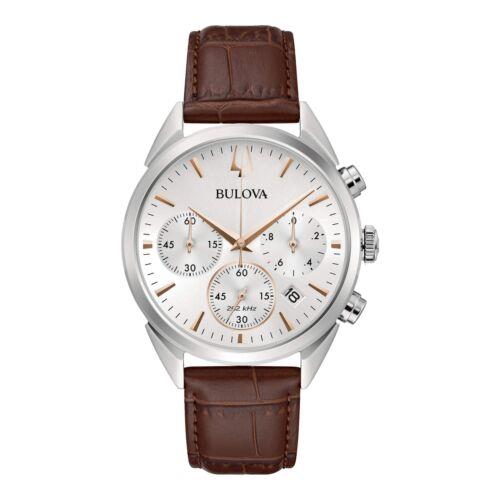 Bulova Dress Classic Chronograph 41.5mm Watch with Brown Leather Strap 96B370 - Silver Dial, Multicolor Band