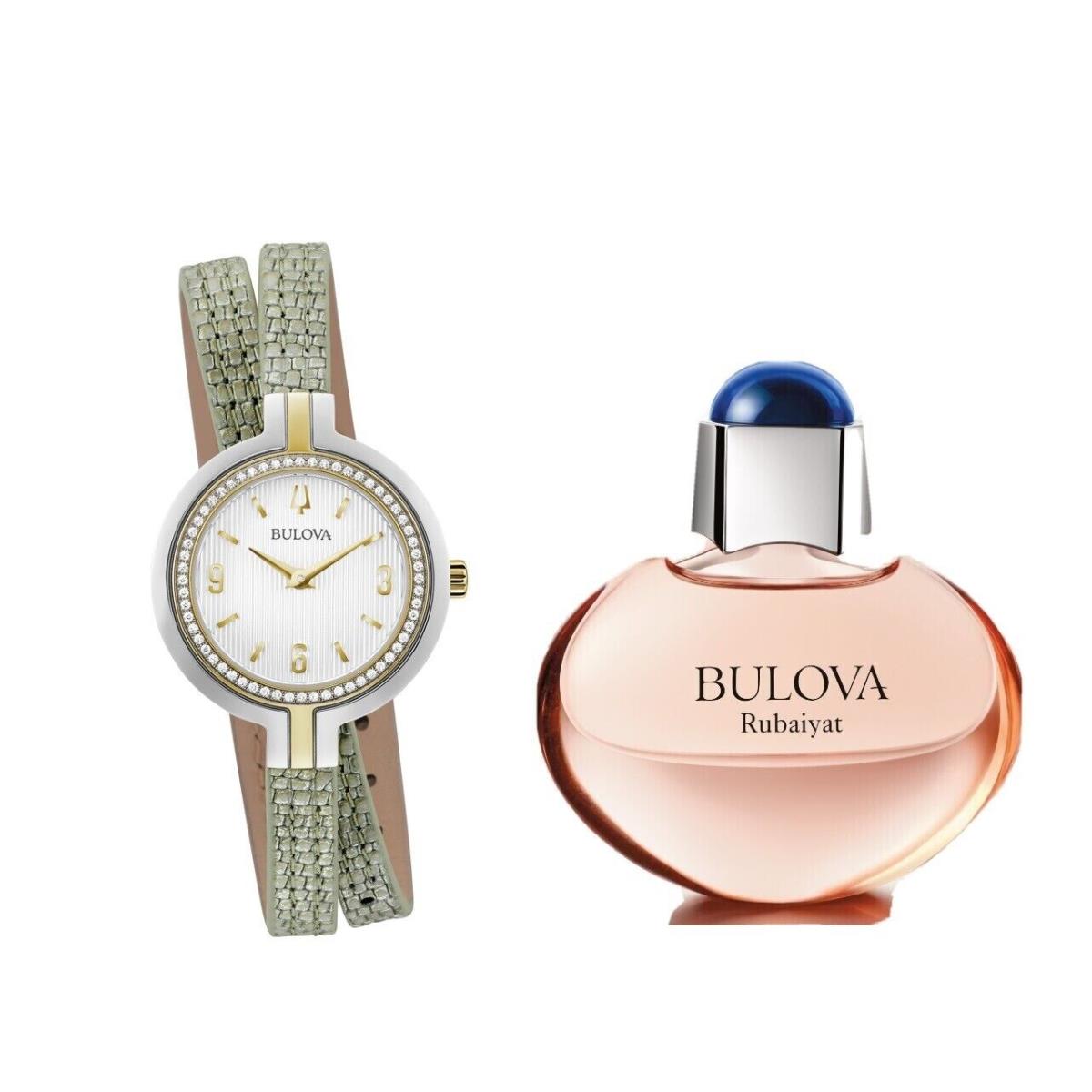 Bulova Rhapsody Women`s Quartz Green Crystal Perfume Watch Set 30MM 98R278 - Dial: Silver, Band: Green, Bezel: