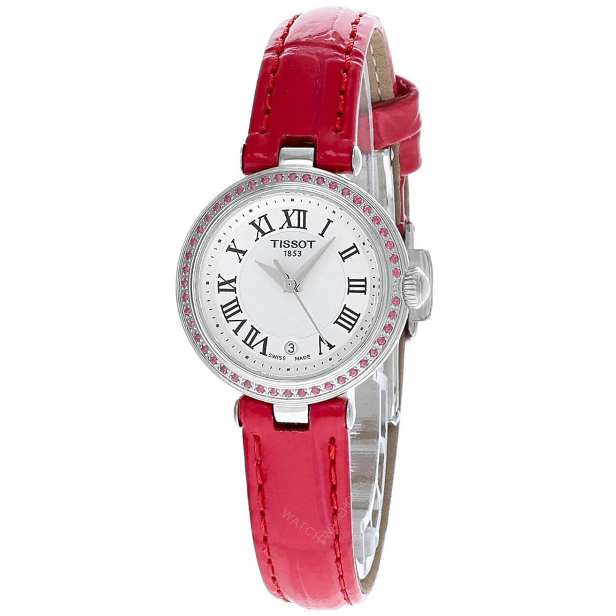 Tissot Bellissima Small Lady Pink Leather Strap Women`s Watch T126.010.66.113.00 - White mother-of-pearl Dial, Pink Band, 47 Diamonds (32 / 24 taille brillant ) Carat 0.2279 Bezel