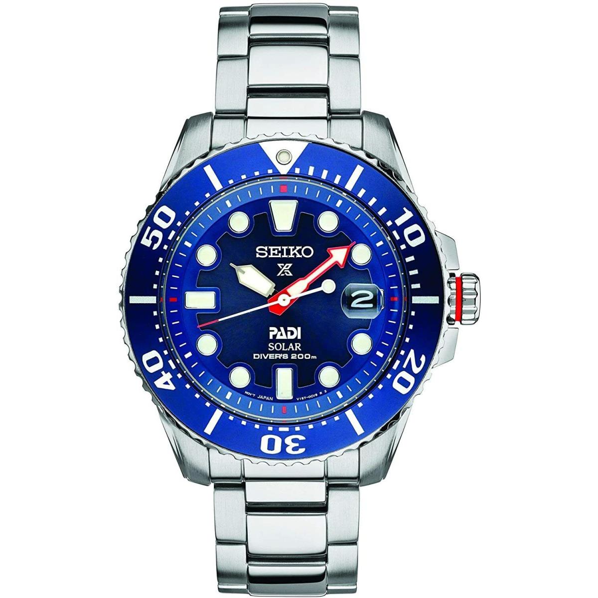 Seiko Prospex Padi Solar Divers Ssteel Men`s Watch SNE549 - Dial: Blue, Band: Silver, Bezel: Blue