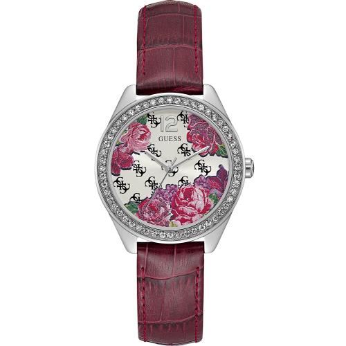 Guess 36mm W0905L2 Mini Rose Leather Belt Analog Watch Stainless Steel - Face: Multicolor, Band: Red