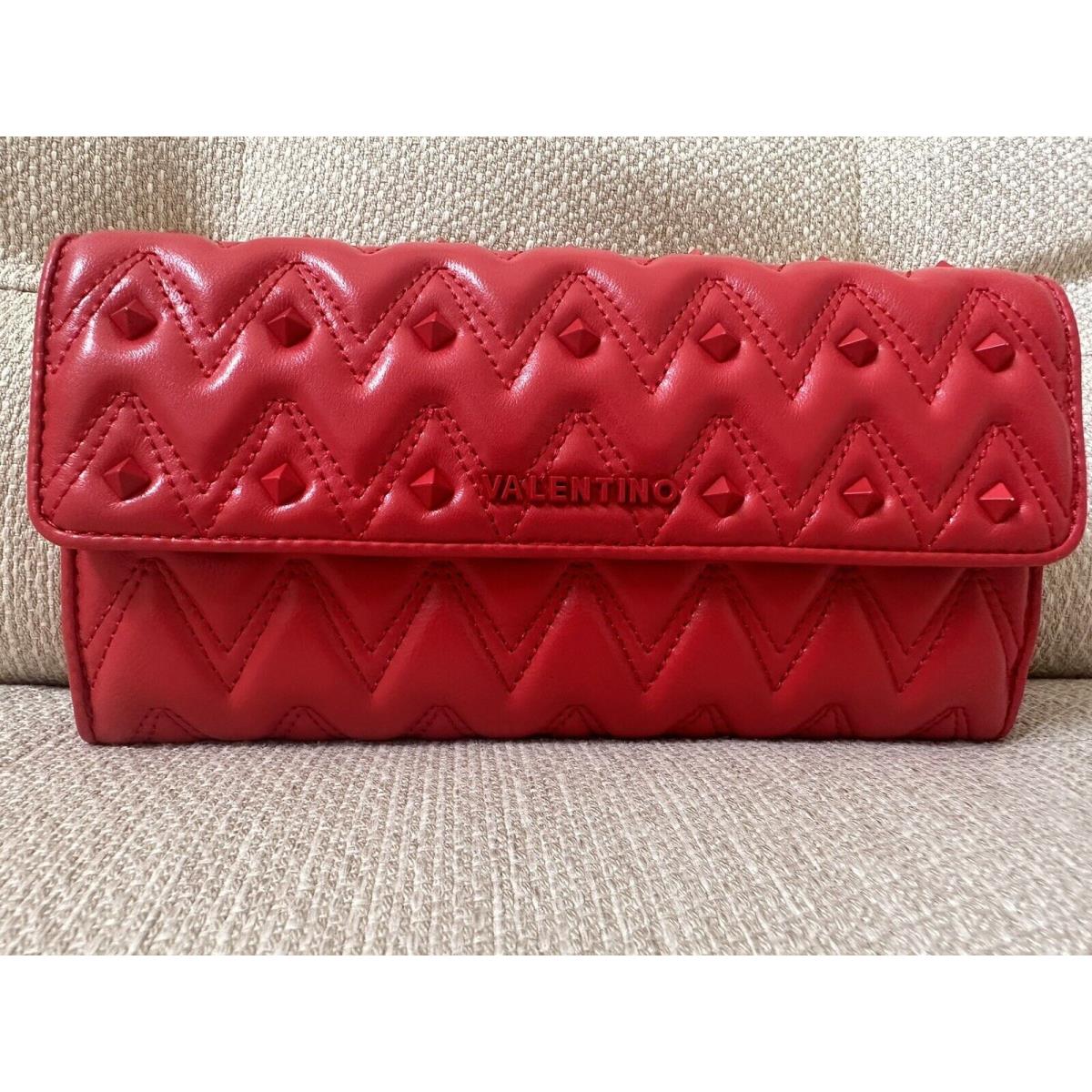 Valentino Julius Studded Flap Chevron Leather Pyramid Red Hot Wallet Purse