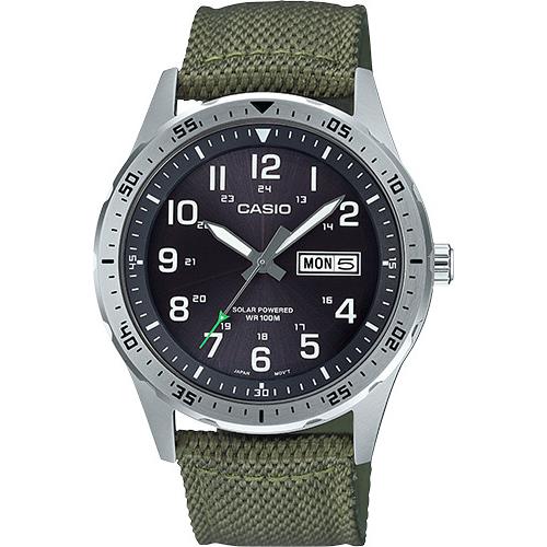 Casio Men`s Solar Day and Date Green Nylon Strap 42mm Watch MTPS120L-3AV - Dial: Black, Band: Green, Bezel: Silver