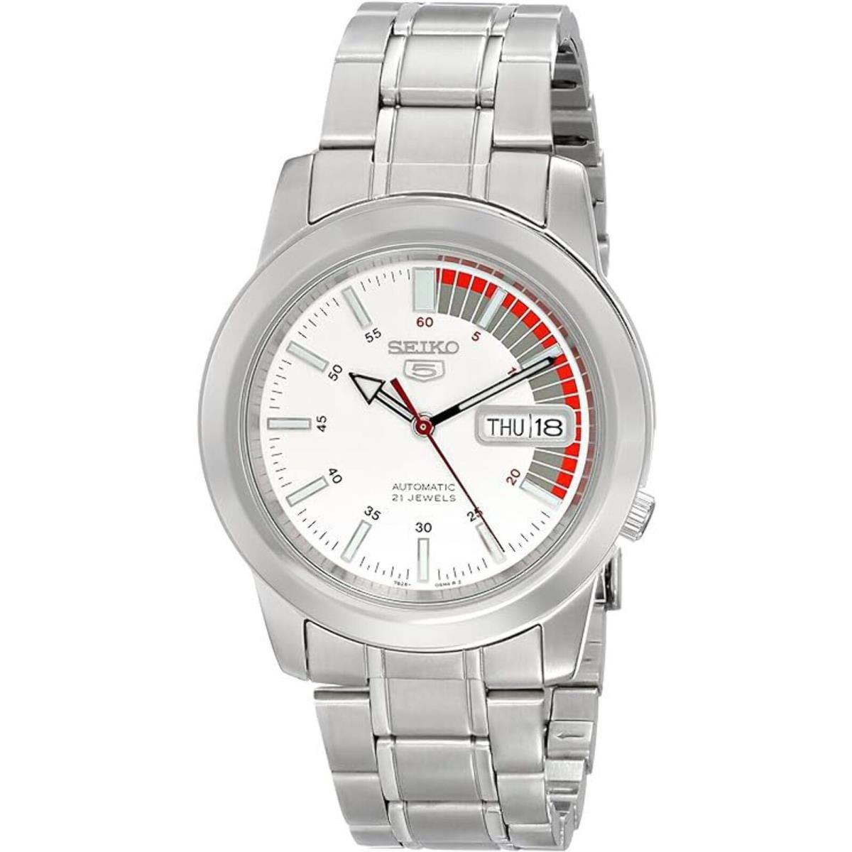 Seiko 5 SNKK25K1 Automatic Stainless Steel Watch White Dial Red Accent