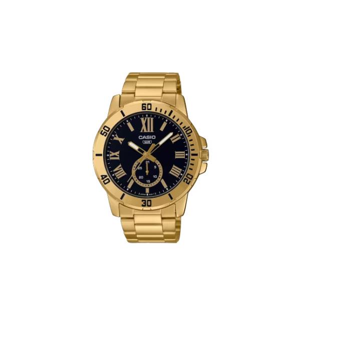 Casio Analog Quartz Gold Stainless Steel Black Dial Men`s Watch MTP-VD200G-1B