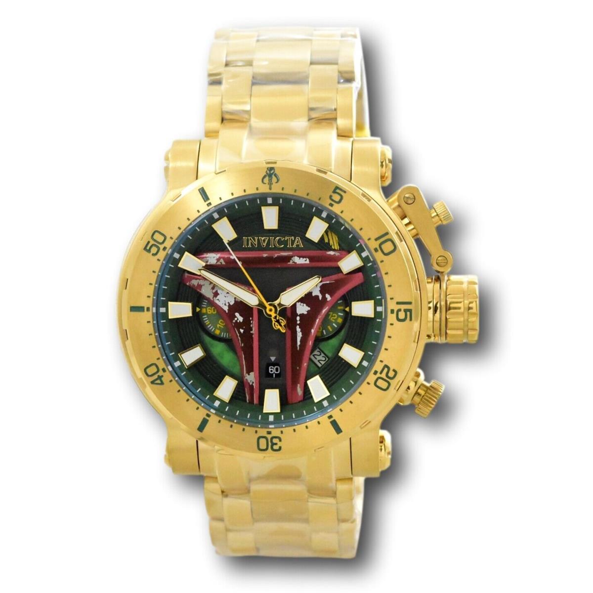 Invicta Star Wars Boba Fett Men`s 52mm Coalition Limited Ed Chrono Watch 40610 - Dial: Green, Multicolor, Red, White, Band: Gold, Yellow, Bezel: Gold, Green, Yellow