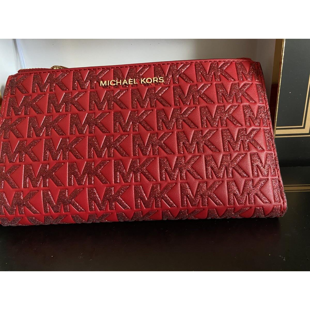 Michael Kors Jet Set Crimson Glitter Logo Leather Double Zip Wallet/wristlet  - Michael Kors wallet - 060580864584 | Fash Brands