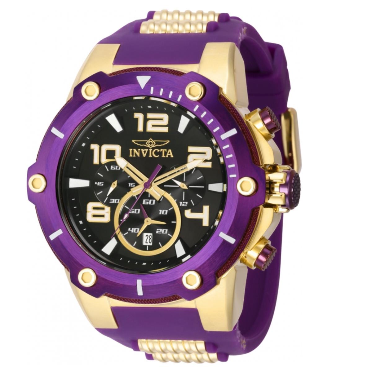 Invicta Speedway Viper Men`s 52mm Gold and Purple Chronograph Watch 40895 - Dial: Black, Gold, Multicolor, White, Band: Purple, Bezel: Gold, Purple, White