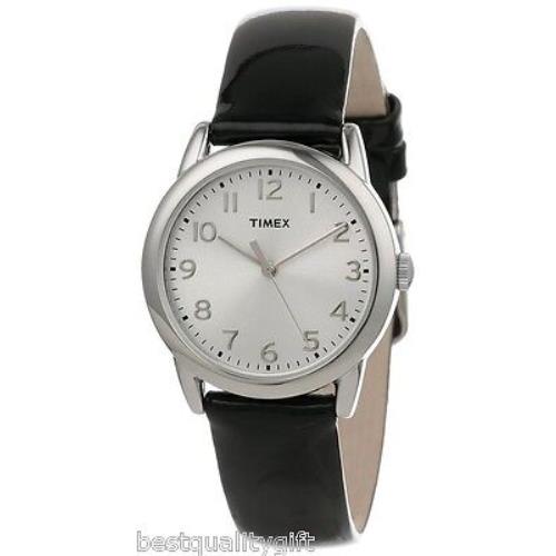 Timex Black Patent Shiny Leather Band Silver Tone WATCH-T2P119